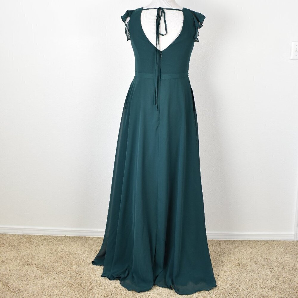 Azazie CLAUDINE Pine A-Line Flutter Sleeve Chiffon Dress NEW - 12 - Picture 7 of 11